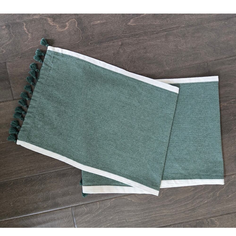 Green Herringbone Tassel Table Runner Farmhouse Boho 66"x14"